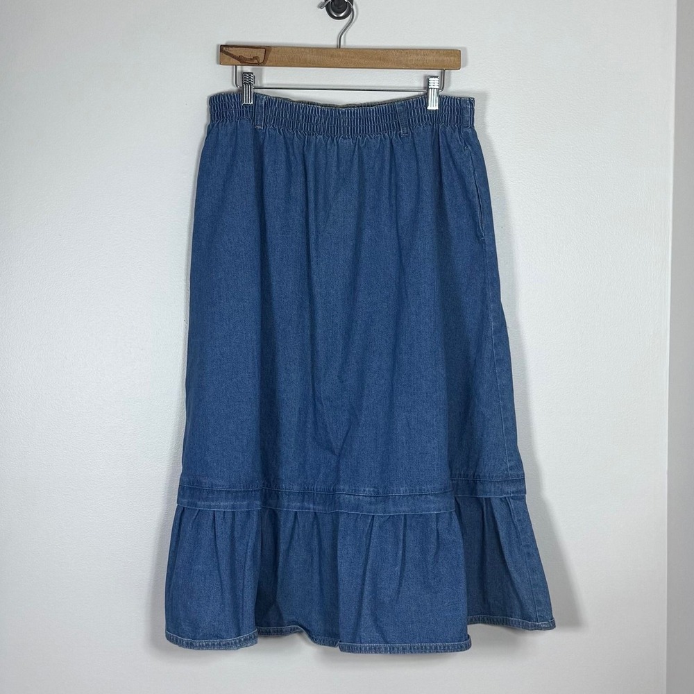 Vintage 90s Womens Denim Midi Skirt L Elastic Waist Tiered Ruffle Prairie Modest